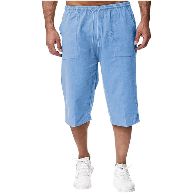 Aqestyerly Men's Quarter Pants Linen Drawstring Solid Color Pocket Casual Loose Lightweight Summer Bottoms