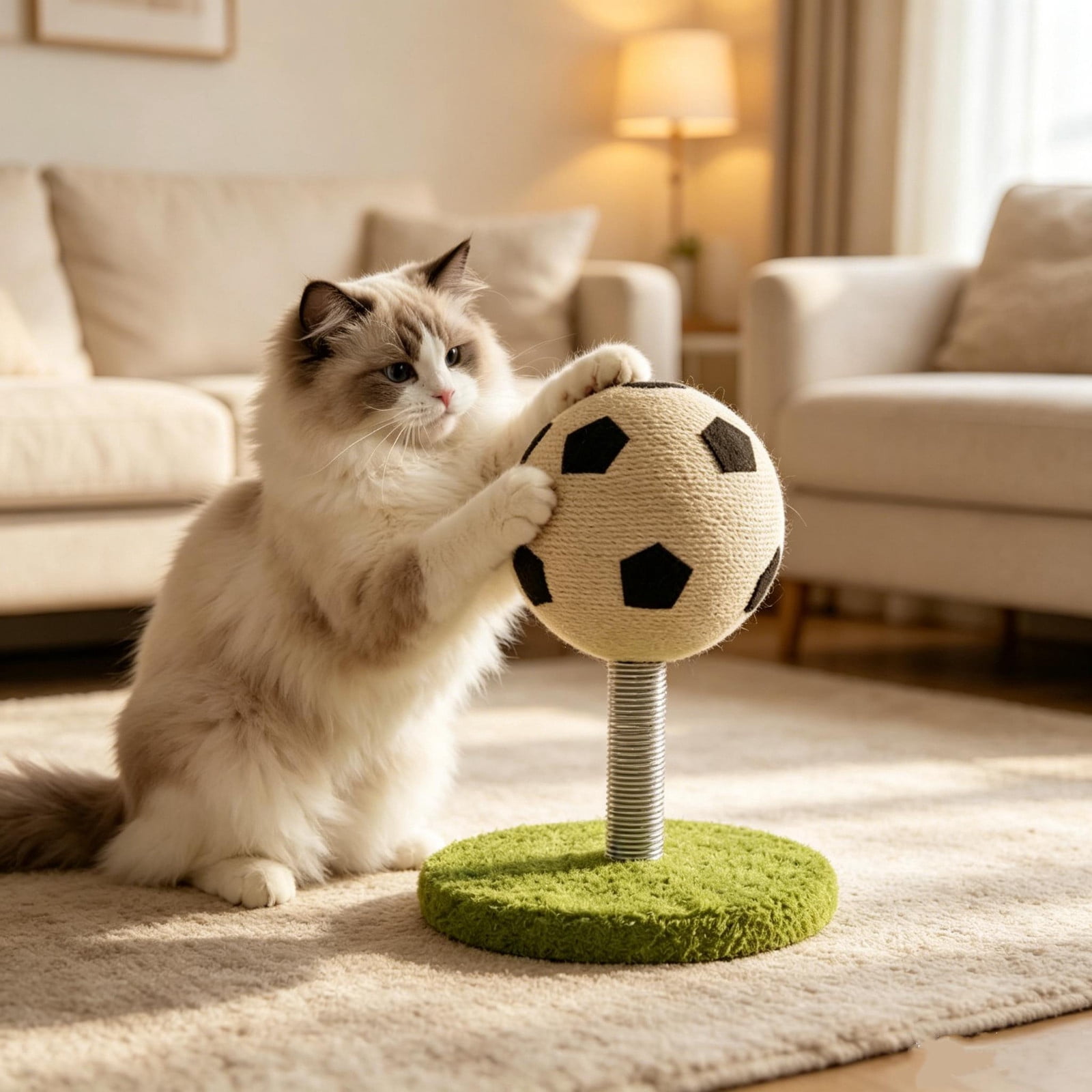 Cadancy Cat Scratching Post Soccer Ball Design, Interactive Cat Toy with Sisal Rope Scratcher, Spring Mounted Kitten Play Ball for Indoor Exercise, Claw Grinding Pet Activity Center