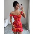 thumbnail image 7 of Hot Pink Off-Shoulder Ruffle Hem Floral Print Fitted Sleeveless Mini Dress With Tie Front, 7 of 7