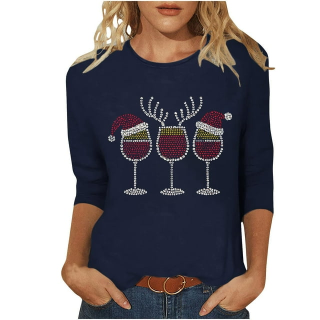 HongQid Christmas Shirts for Women Christmas Theme Printed Graphic Tshirts 3/4 Length Sleeve Round Neck Tops