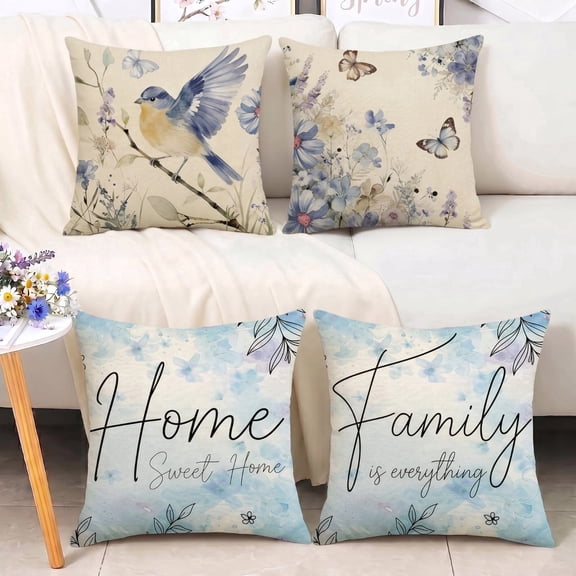 Throw Pillow Covers 18x18 Inch Set of 4, Flower Butterfly Bird Home Sweet Home Pillow Cases with Hidden Zipper, Spring Summer Linen Decorative Cushion Covers for Couch Living Room Bedroom Home Decor