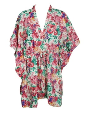 Mogul Womens Floral Caftan V-Neckline Cotton Printed Kimono Sleeves Cover Up Tunic Dress Kaftan