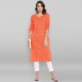 thumbnail image 3 of Janasya Indian Round Neck 3/4 Sleeve Woven Design Orange Cotton Kurta For Women, 3 of 7