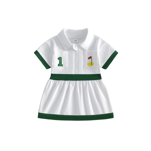 Cjfdfy Toddler Baby Girl Golf Dress Outfit Newborn Baby Girls Summer Dress Short Sleeve Lapel Collar Golf Themed Embroidery Half Zipper A Line Contrast Color Dress