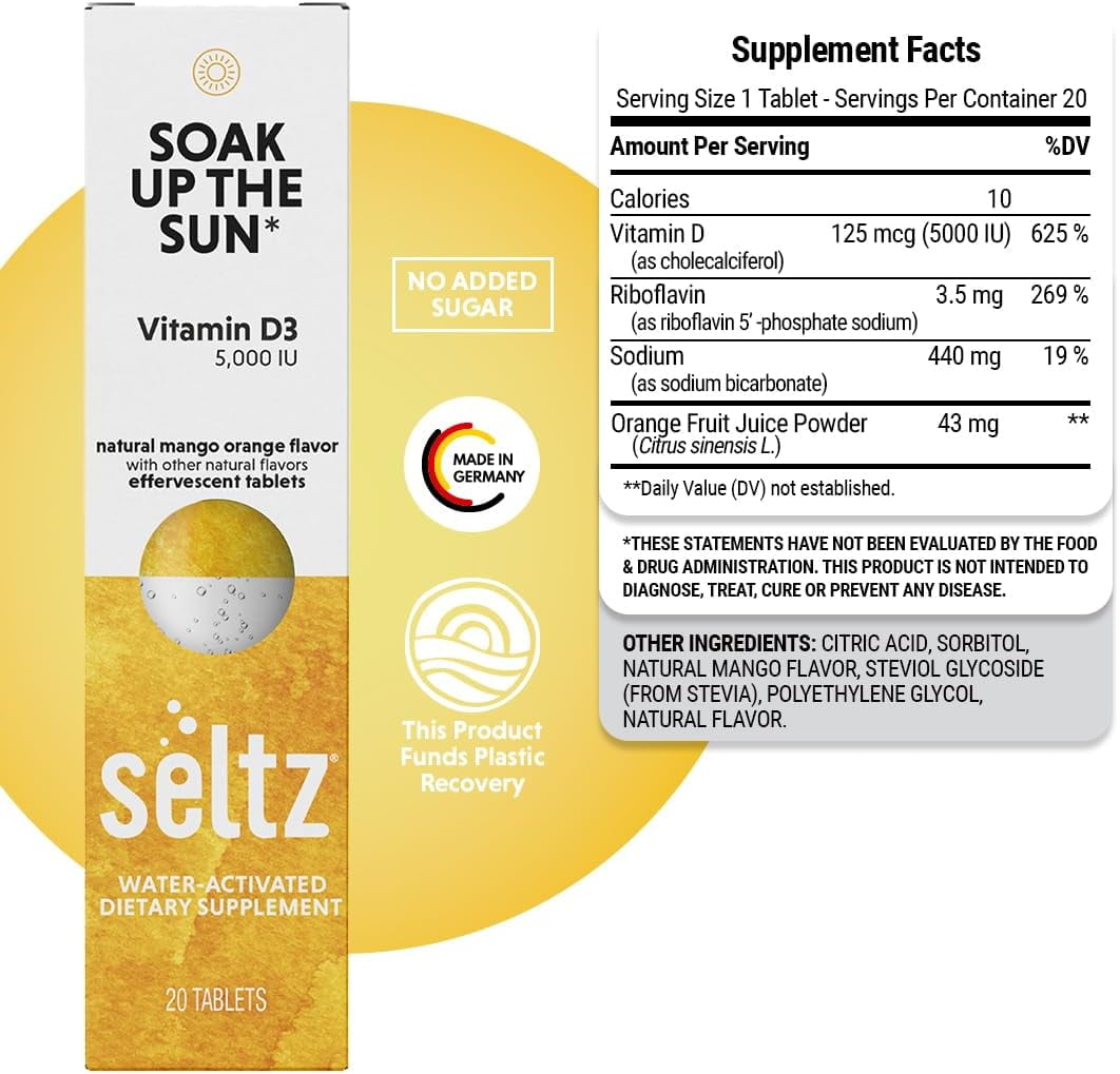 Soak up The Sun (Vitamin D3) - Seltz® Water-Activated Effervescent Vitamins - 6 Packs x 20 Tablets Each
