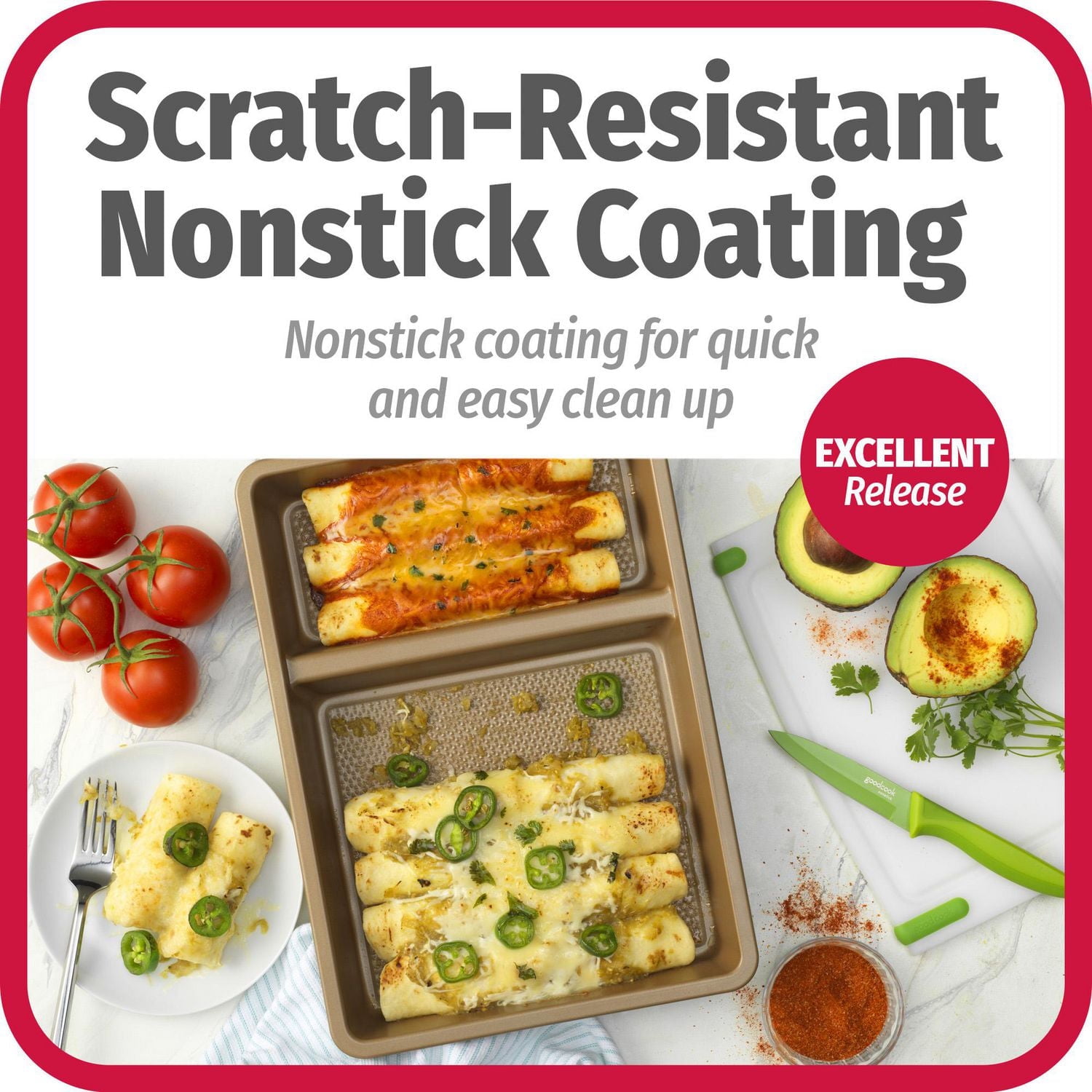 GoodCook BestBake MultiMeal Nonstick Diamond Textured Heavy Gauge Carbon Steel Divided Oblong Pan with Sidewall Indicators to customize recipes, 9" x 13", Bronze, GC BESTBAKE MULTIMEAL OBLONG 9x13IN