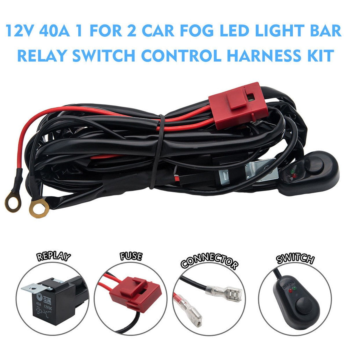 12V30A Relay and 18AWG 9FT Length for LED Light Bar/Driving Light/Fog Light and Pods Light Work Light Wiring Harness Kits Blue Switch 