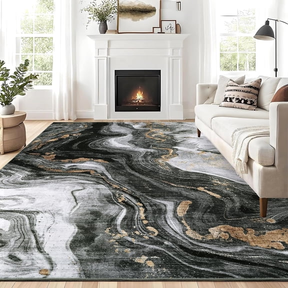 6x9 Marble Fluid Abstract Area Rug, Non Slip Washable Low Pile Stain Resistant Living Room Bedroom Carpet,black