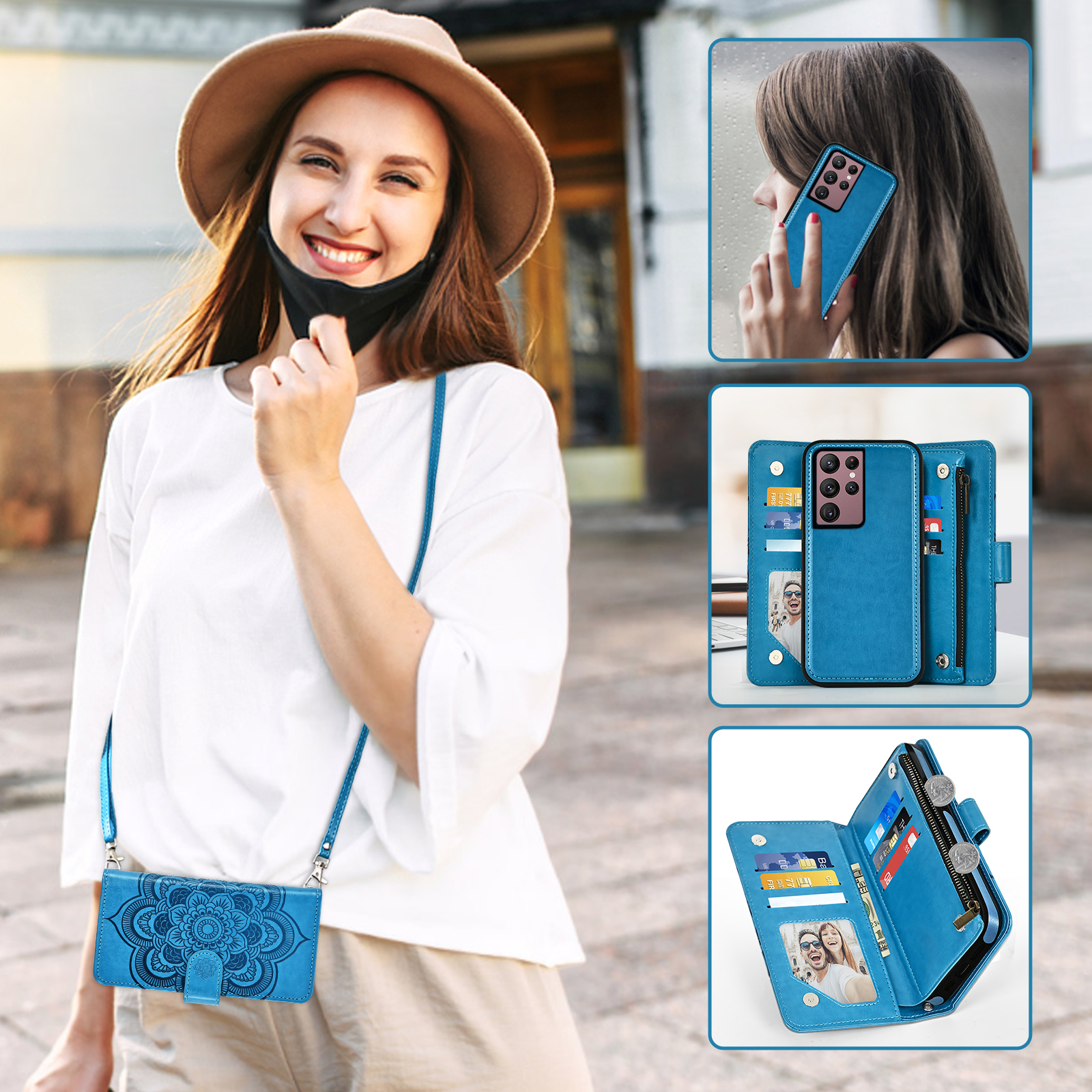 Asuwish Phone Case for Samsung Galaxy S22 Ultra 5G Zipper Wallet Magnetic Detachable Cell Cover with Tempered Glass Screen Protector Crossbody Strap Flower Card Holder Slot S22ultra 22su Women Blue