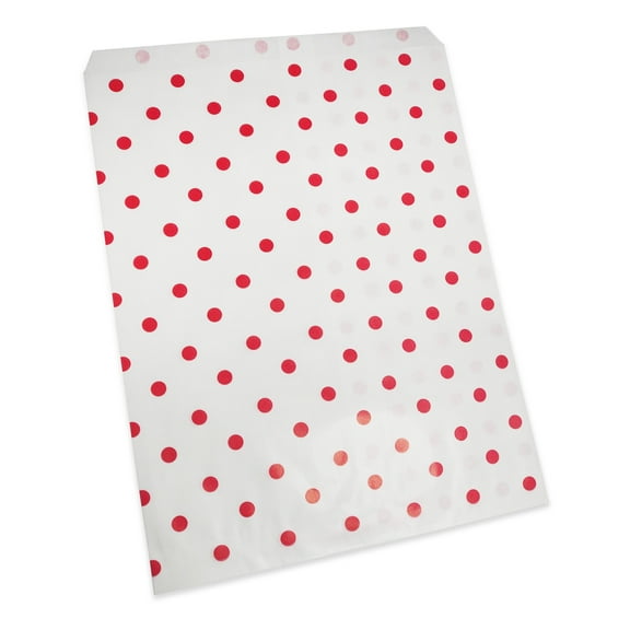 50 Qty 8.5" x 11" Decorative Flat Paper Gift Bags - Red Polka-Dot on White Bags - for Sales/Treats/Parties Cookies/Gifts - N'icePackaging