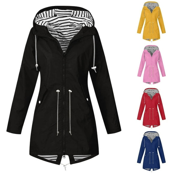 Qetyuw Rain Jacket for Women Waterproof Full Zip Up Mid Length Hooded Jackets Outdoor Lightweight Coat with Pockets