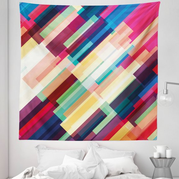 Abstract Tapestry, Futuristic Geometric Pattern Design with Colorful Stripes Modern Technologic Print, Fabric Wall Hanging Decor for Bedroom Living Room Dorm, 5 Sizes, Multicolor, by Ambesonne
