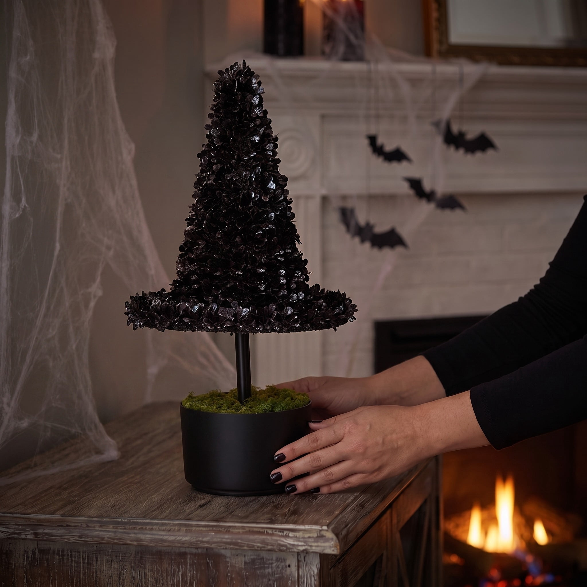 Witch Hat Topiary Decoration, Black, 17.6", Halloween by Way To Celebrate