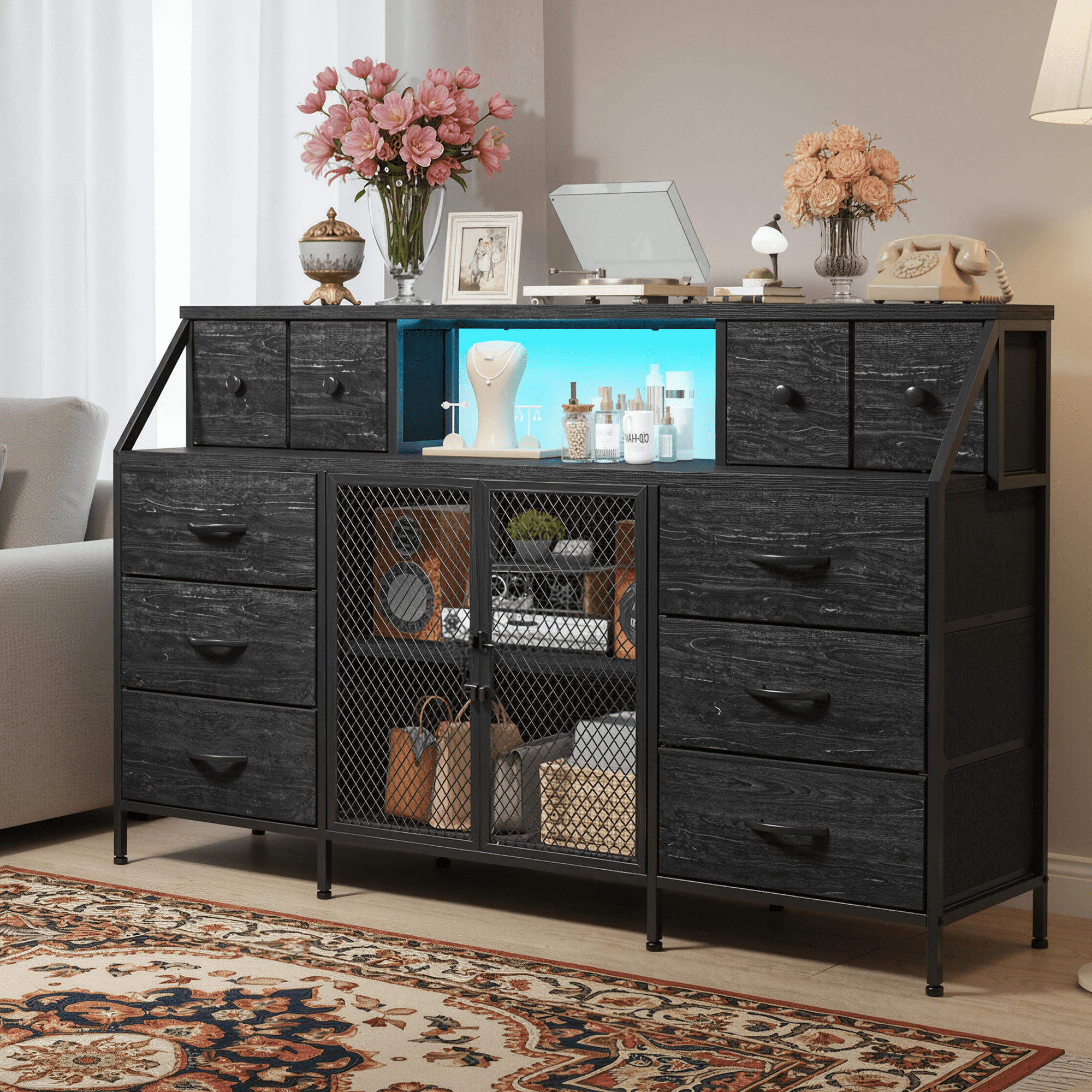 Romorgniz Dresser for Bedroom with 10 Fabric Drawers & Mesh Door 55" Long Dressers & Chest of Drawers with LED Lights & Charging Station for Living Room, Black