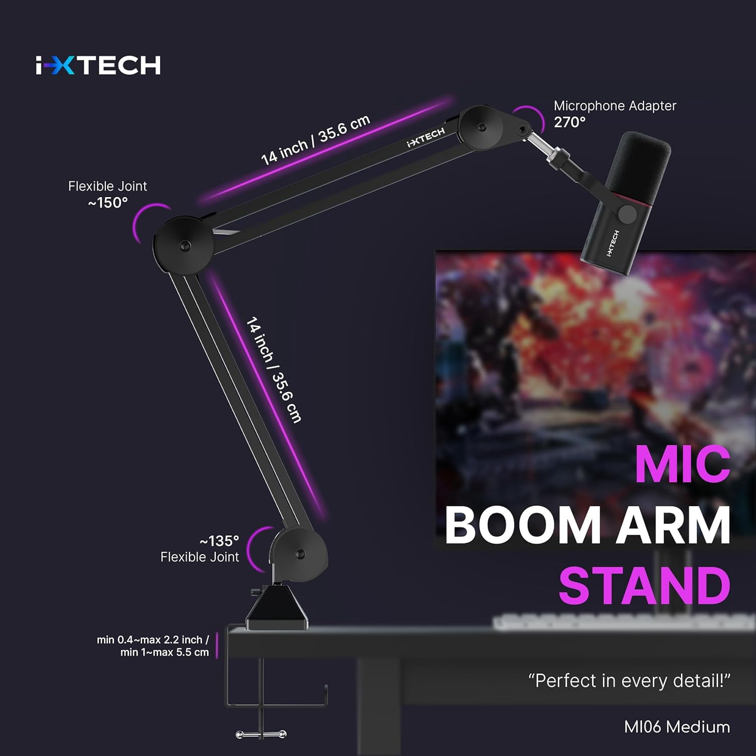 I-XTECH Flexible Desk Mount Microphone Stand & Boom