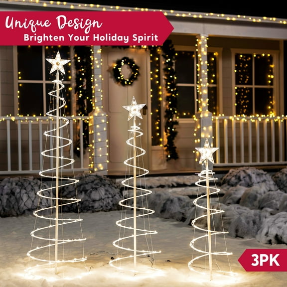JOIEDOMI 3 Packs Spiral Tree Christmas Decoration Outdoor,218 LED Xmas Tree Lighted Hoilday Display Decorative Yard Lights with Stakes for Outside Lawn Garden,Christmas Eve Night Decor,Warm White