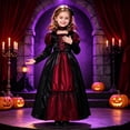 thumbnail image 3 of Pandaie Kids Girls Retro Vampire Outfit Role Play Satin Long Length Costume Gown Dress Halloween Cosplay Black,4-6 Years, 3 of 7