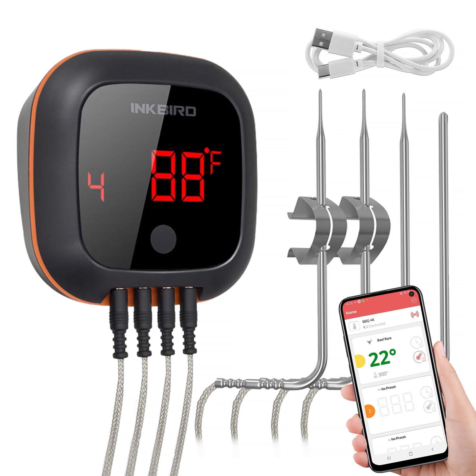 Inkbird Bluetooth Grill BBQ Meat Thermometer with 4 Probes Digital Wireless Grill Thermometer, IBT-4XS, Timer, Alarm,150 ft Cooking Kitchen Food Meat Thermometer for Smoker, Oven, Drum - Walmart.com