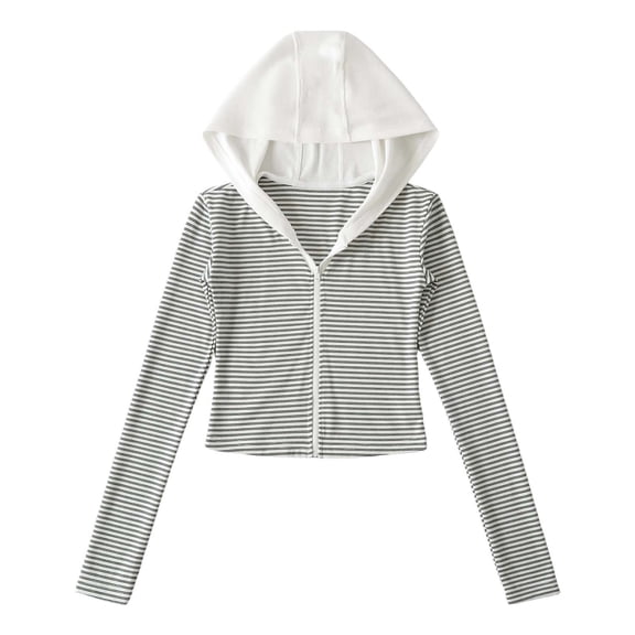 Fiaer Womens Cropped Hoodies Stripe Long Sleeve Slim Fit Hooded Sweatshirts V Neck Casual Trendy Full Zip up Tops with Pocket White S