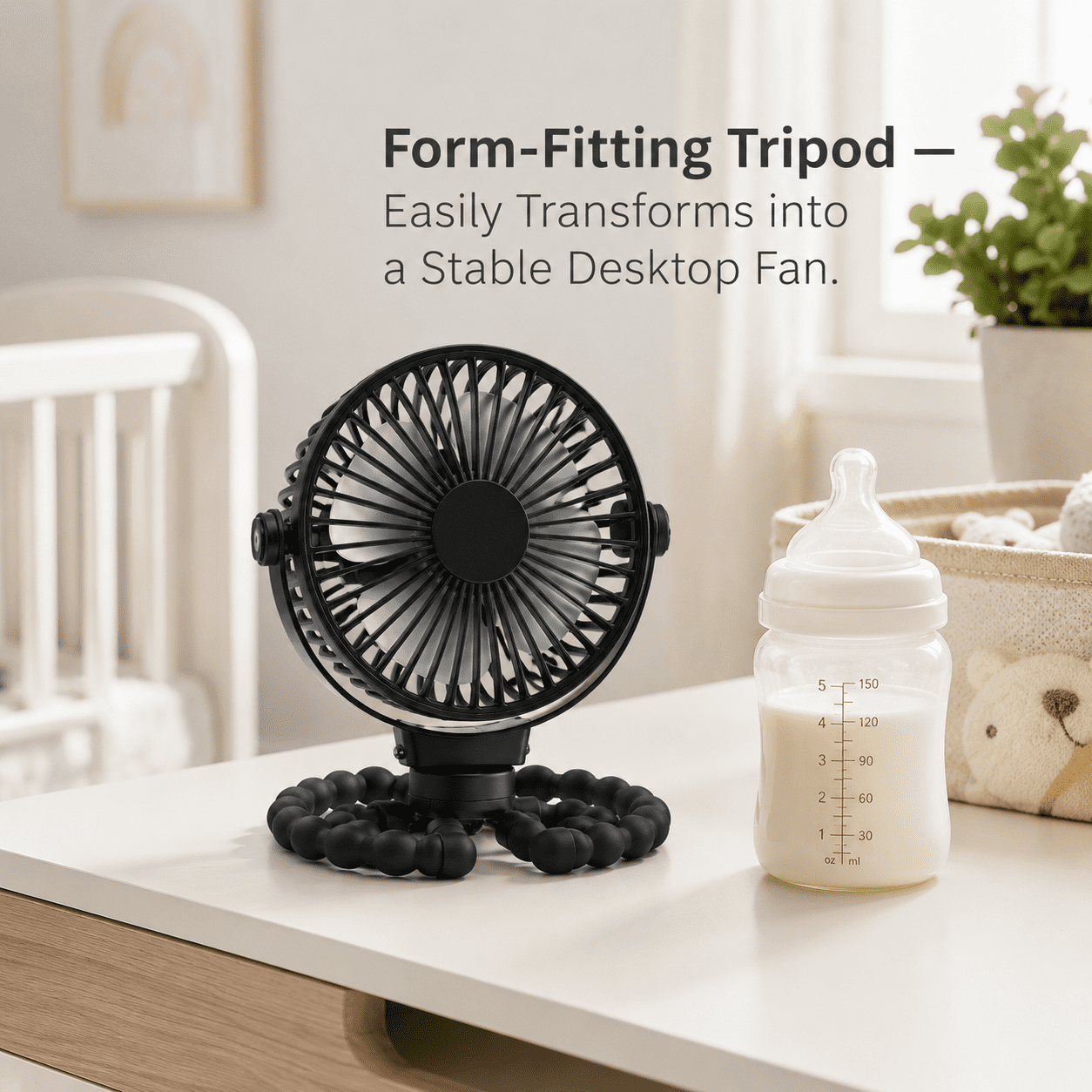 Portable Baby Stroller Fan - Black, Rechargeable, with Tripod, Type-C Charging, and Adjustable Speed