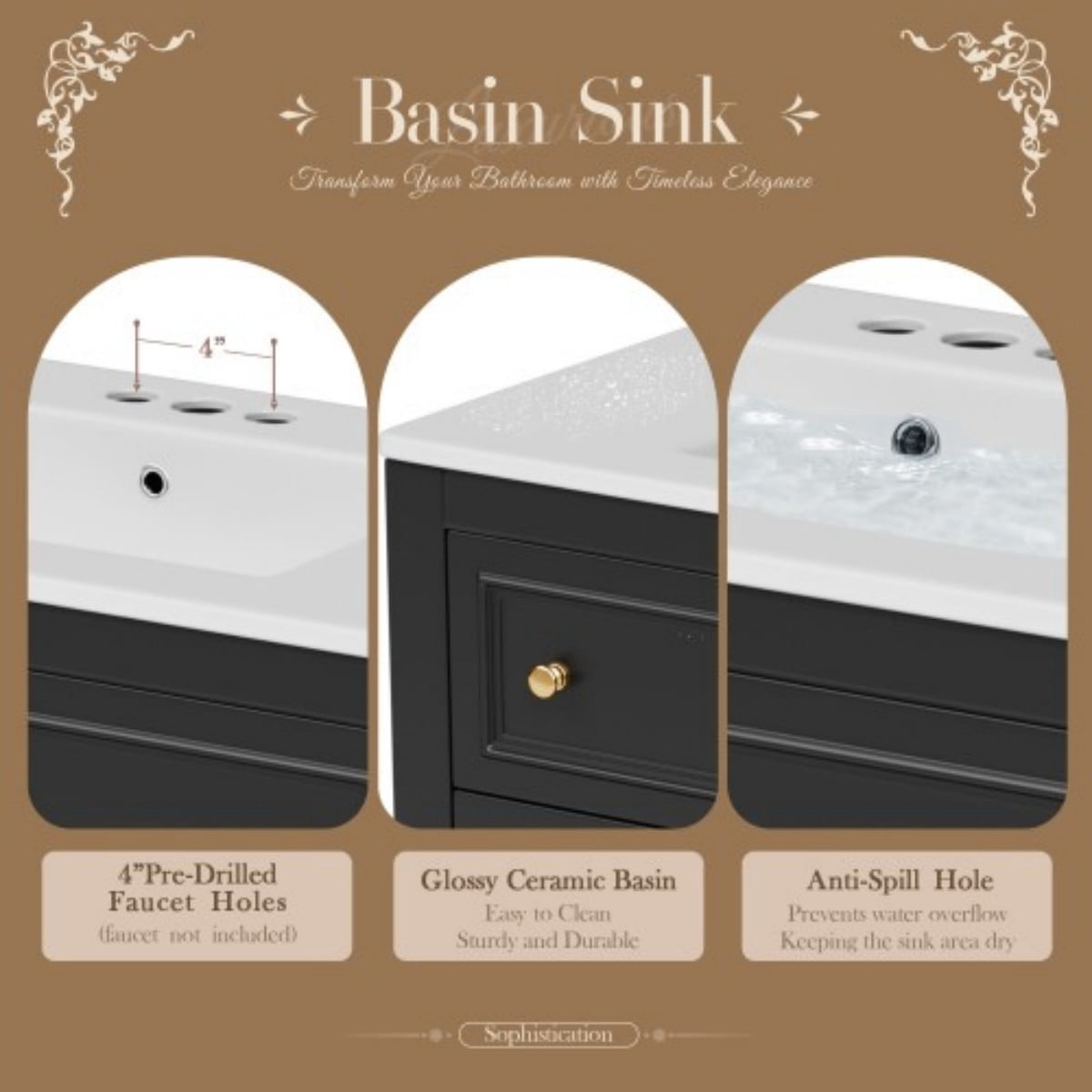 36" Bathroom Vanity with Sink, Freestanding Bathroom Vanity Cabinet with Undermount Ceramic Sink, Solid Wood Frame, 4 Drawers, Large Storage Shelf, Black