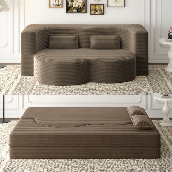 Miekor Furniture Modern Floor Sofa with 2 Pillows,Convertible Plush Corduroy Foam-Filled Sleeper Sofa Bed,15" Full Size Folding Mattress for Living Room,Guest Bed,no assembly required,Coffee MK5486
