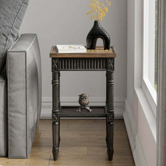 COZAYH French Country Distressed Accent Table, Espresso Tray Top and Woven Wicker Shelf, Boho, Farmhouse, Rustic Decor
