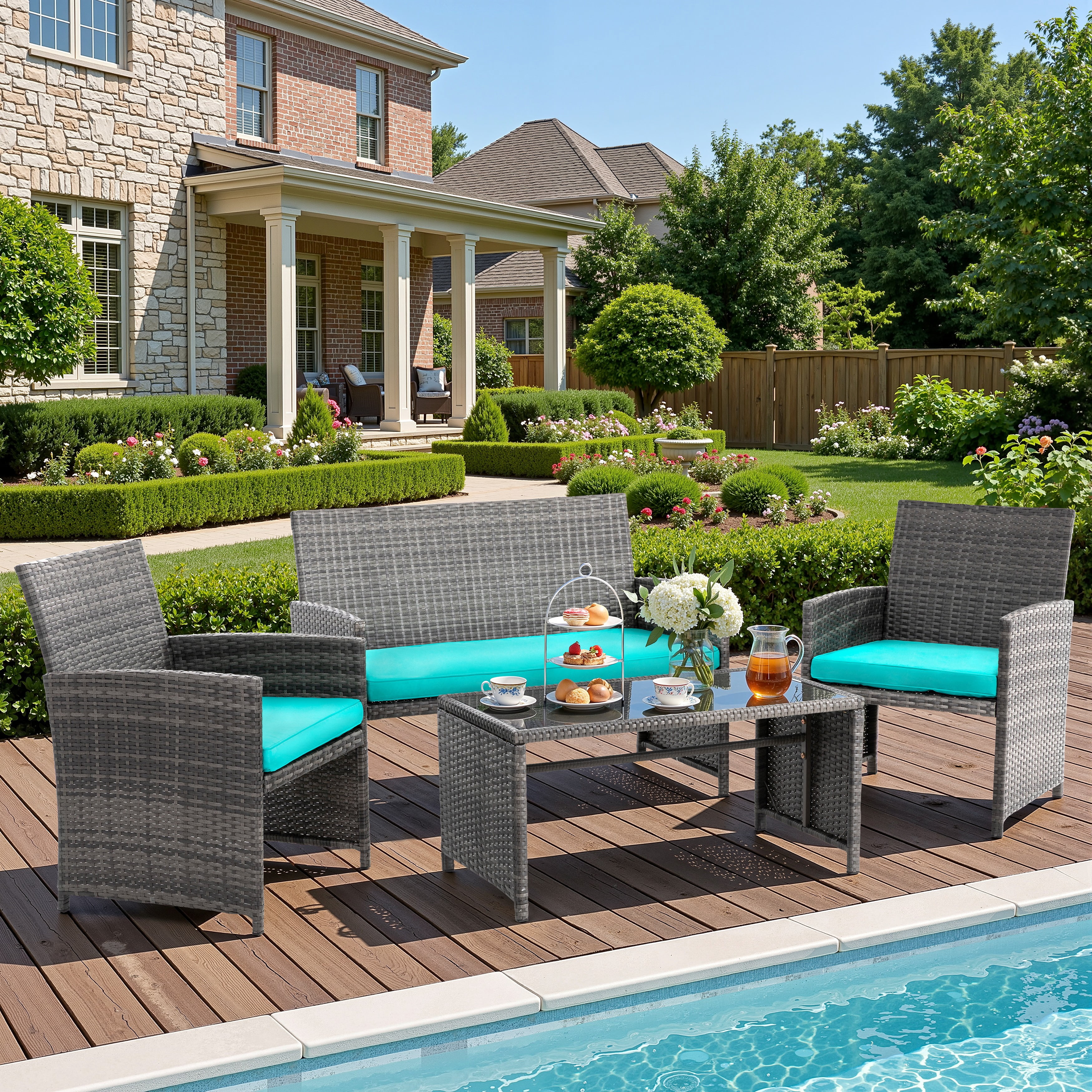 Walsunny Outdoor Patio Rattan Wicker Furniture Conversation Set 4 Piece with Cushions Tempered Glass Tabletop,Blue