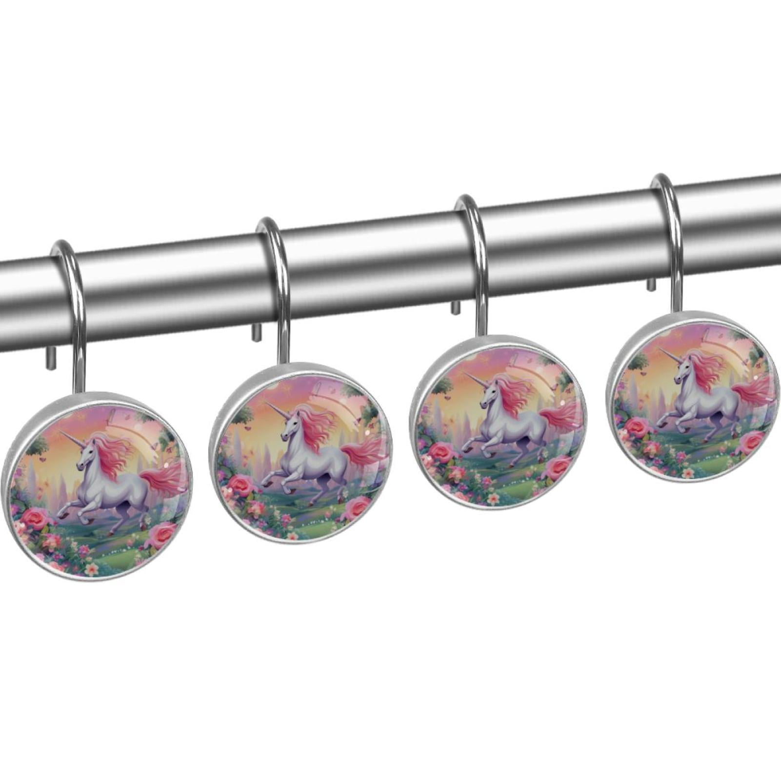 Unicorn Shower Curtain Hooks （Set of 12） for Home Hotel Shower Rods Bathroom Crystal Glass Print Stainless Steel Round Curtain Hooks