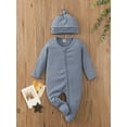 thumbnail image 2 of Qiylii Baby Romper, Solid Color Long Sleeve Zipper Footed Romper+Cap,0-24M, 2 of 8