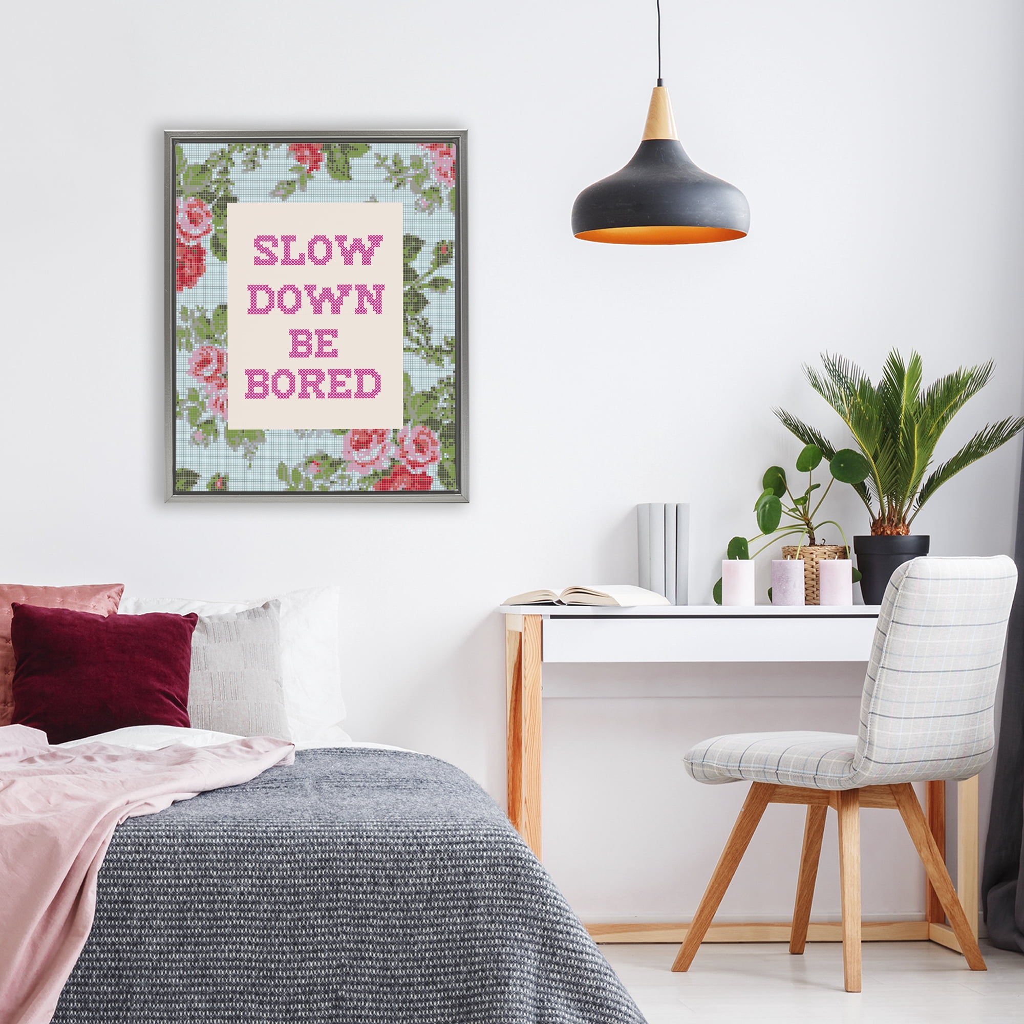 Stupell Industries Slow Down Be Bored Faux Cross Stitch Gray Framed Floater Canvas Wall Art, design by Lil' Rue