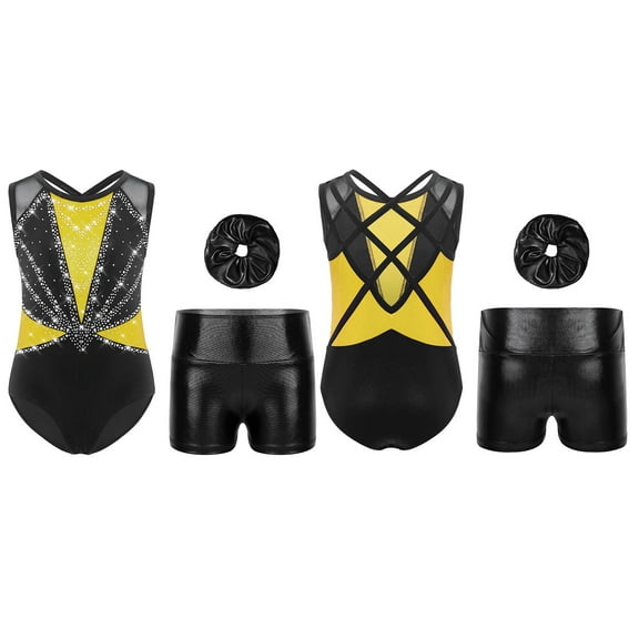 iixpin Kids Girls Sleeveless Gymnastics Leotard Ballet Dance Unitard Biketard with Shorts Scrunchies Set Yellow 14