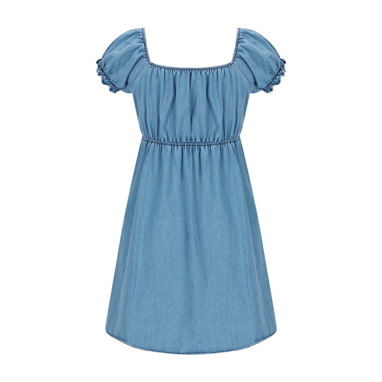 Blmnix Denim Dress Valentine Dresses for Women 2026 Casual Fit & Flare Dress Blue 1/4 Sleeve Tie Neck Mini Dress,M, Women's, Size: Medium