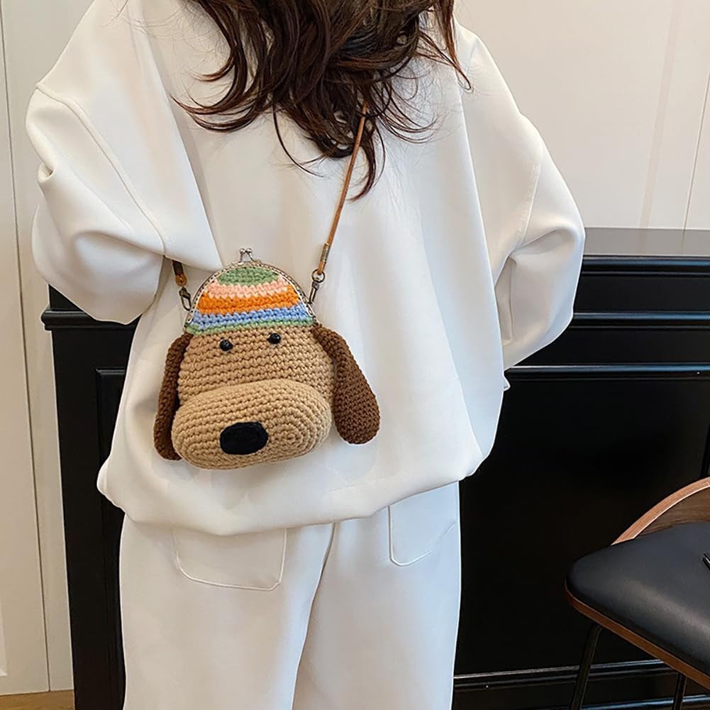 Baguery Handmade Crochet Dog Crossbody Bag - Cute Cartoon Knitted Purse with Metal Frame, Mini Animal Shoulder Bag for Women​