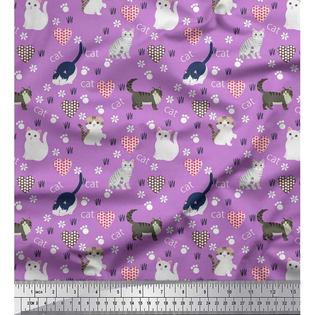 Soimoi Poly Georgette Fabric Heart,Footprint & Cat Animal Print Fabric by The Yard 42 Inch Wide