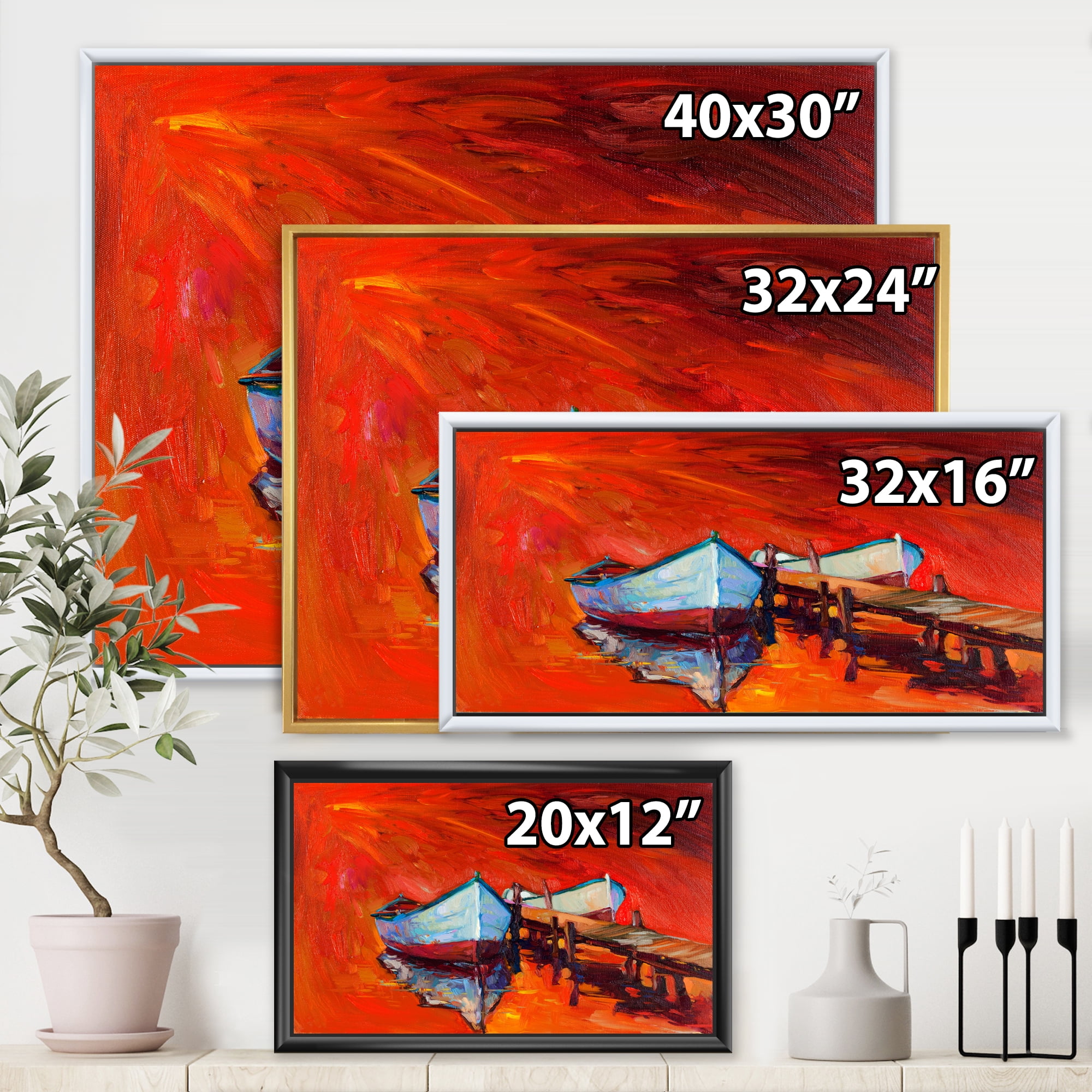 Boats Near Coastal Town Resting On The Water IV 32 in x 24 in Framed Painting Canvas Art Print, by Designart