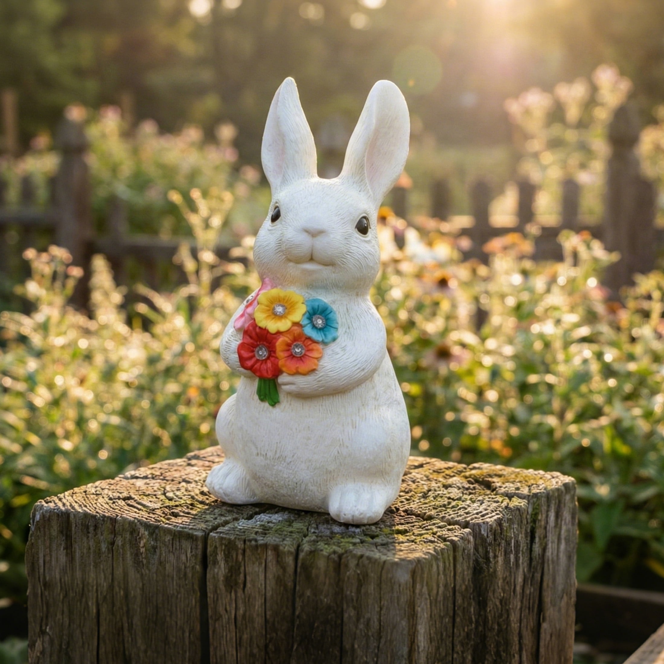 The Growing Ground Solar Bunny Garden Statue with LED Light, Outdoor Resin Rabbit Lawn Decor for Garden, Patio, Pathway, 10.4"H, Cream