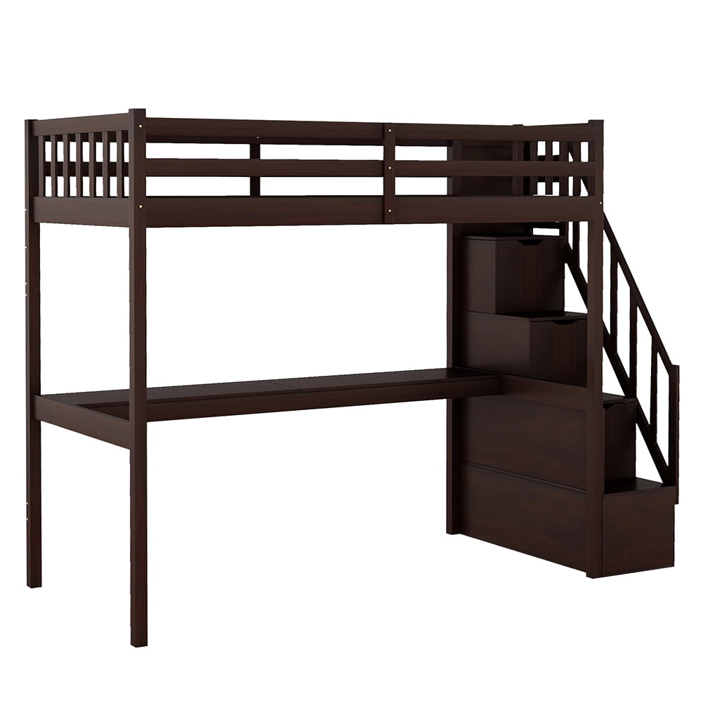 Kadyn Wooden Loft Bed with Storage Stairs, Under-bed Desk and Gaming Area, Twin, Espresso