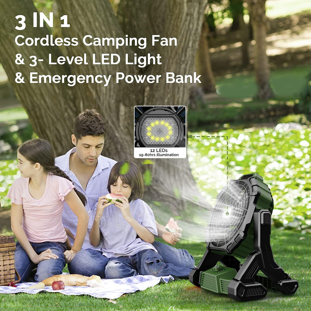 16'' Portable Camping Fan for Tents with Led Light, 14400mAh Rechargeable Cordless Battery Operated Fan for Camping, Outdoor Fan for Picnic, BBQ, Fishing, Travel