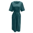 thumbnail image 4 of Vestido largo de lino para mujer talla grande - Cintura con cordón, abertura, manga corta, informal, 4 of 6