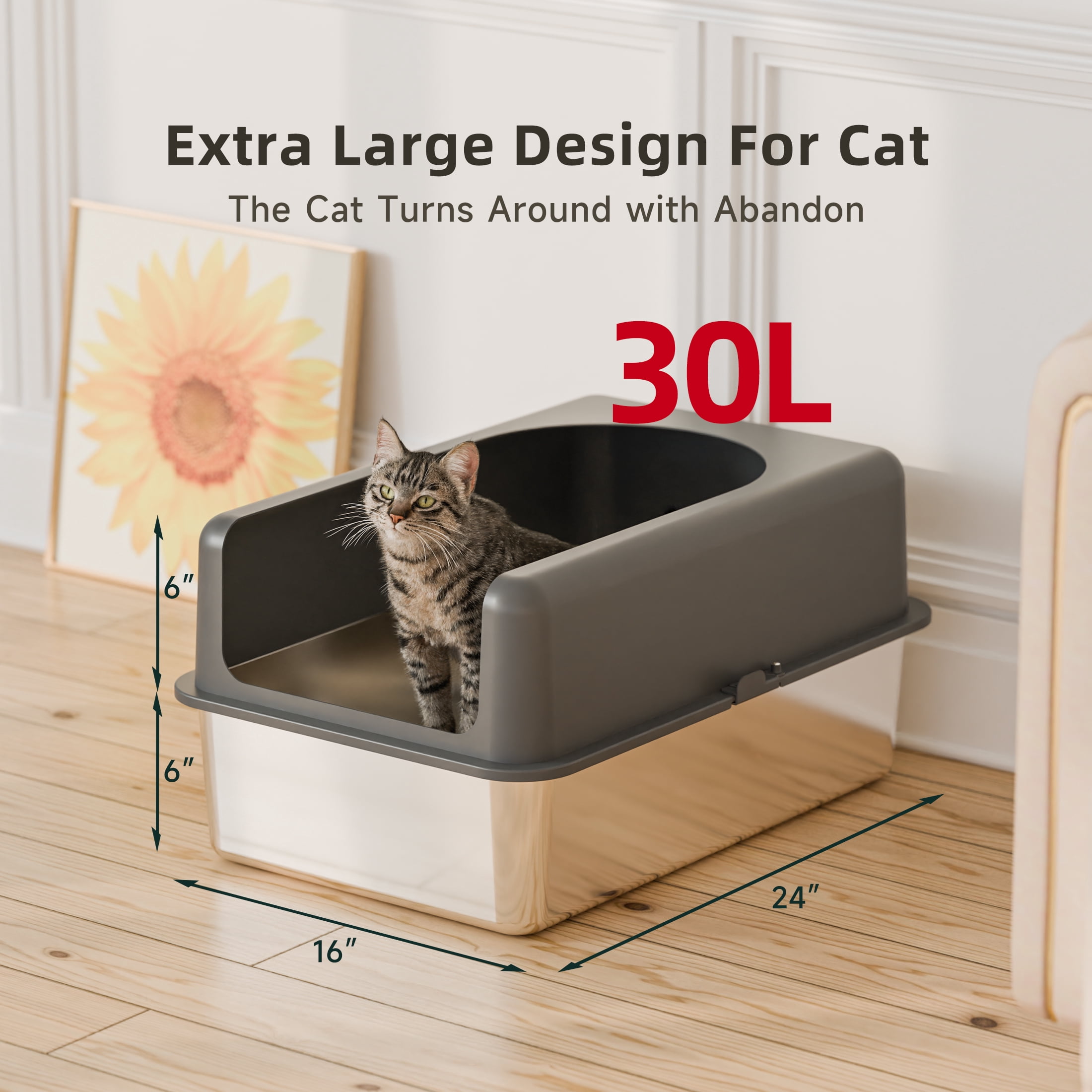Bsadne Stainless Steel Cat Litter Box with High-Sided - Durable, Hygienic, and Escape (24'' x 16'' x 12'')