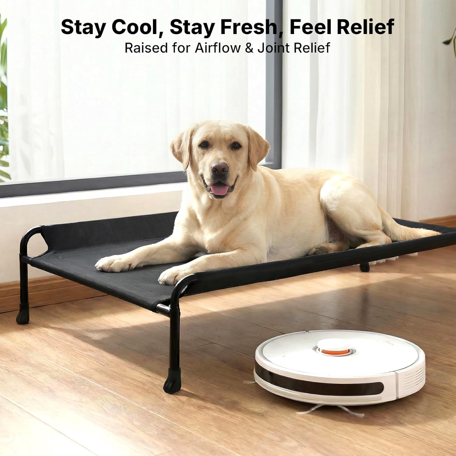 Outdoor Dog Bed, Raised Dog Beds for Large Dogs, Elevated Dog Bed with Headrest, Washable Cooling Pet Cot with Non-Skid Feet, Breathable Mesh, Pet Hammock for Indoor or Camping, 47", Black