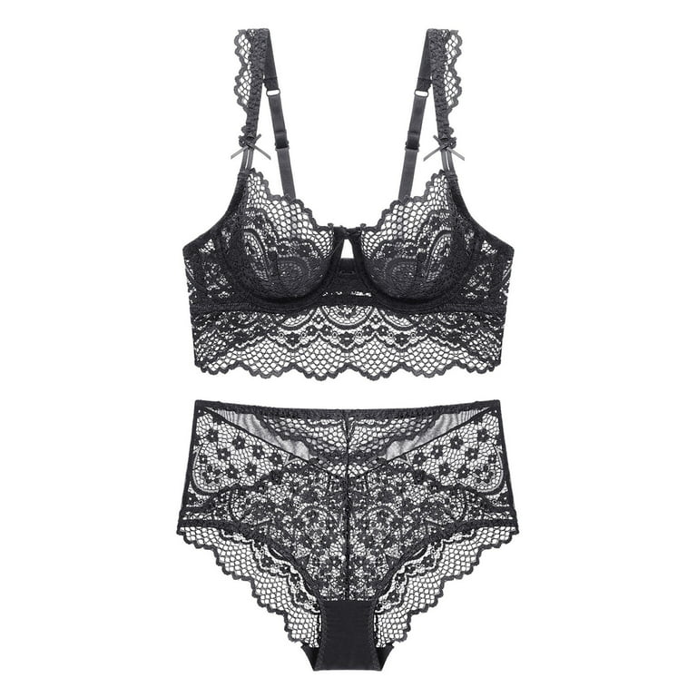 rygai 2 Pcs/Set See-through Underwear Set Underwire Bowknot Lace Design  Sexy Bra Panty for Valentine Day ,Black,34B