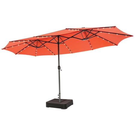 15FT Double-Sided Patio Umbrella 48 Solar LED Lights Crank & Base Outdoor