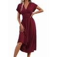 thumbnail image 2 of Womens Solid Color Overlap V Neck Batwing Sleeve Waist Pleated Long Elegant Dress Maxi Wine Red M, 2 of 10