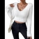 thumbnail image 1 of Suéter Corto de Larga con Cuello en V para Mujer, Informal, Liso, Ajustado, Cálido, de Punto L, 1 of 9