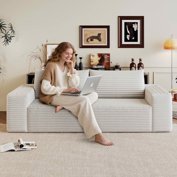 MAYEERTY 63" 2-Seater White Corduroy Sofa, Deep Seat No Assembly for Living Room/Bedroom