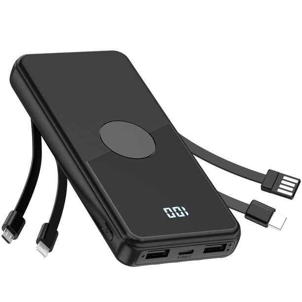 Cargador portátil Power Bank TXQX de 10000 mAh con cables, color negro