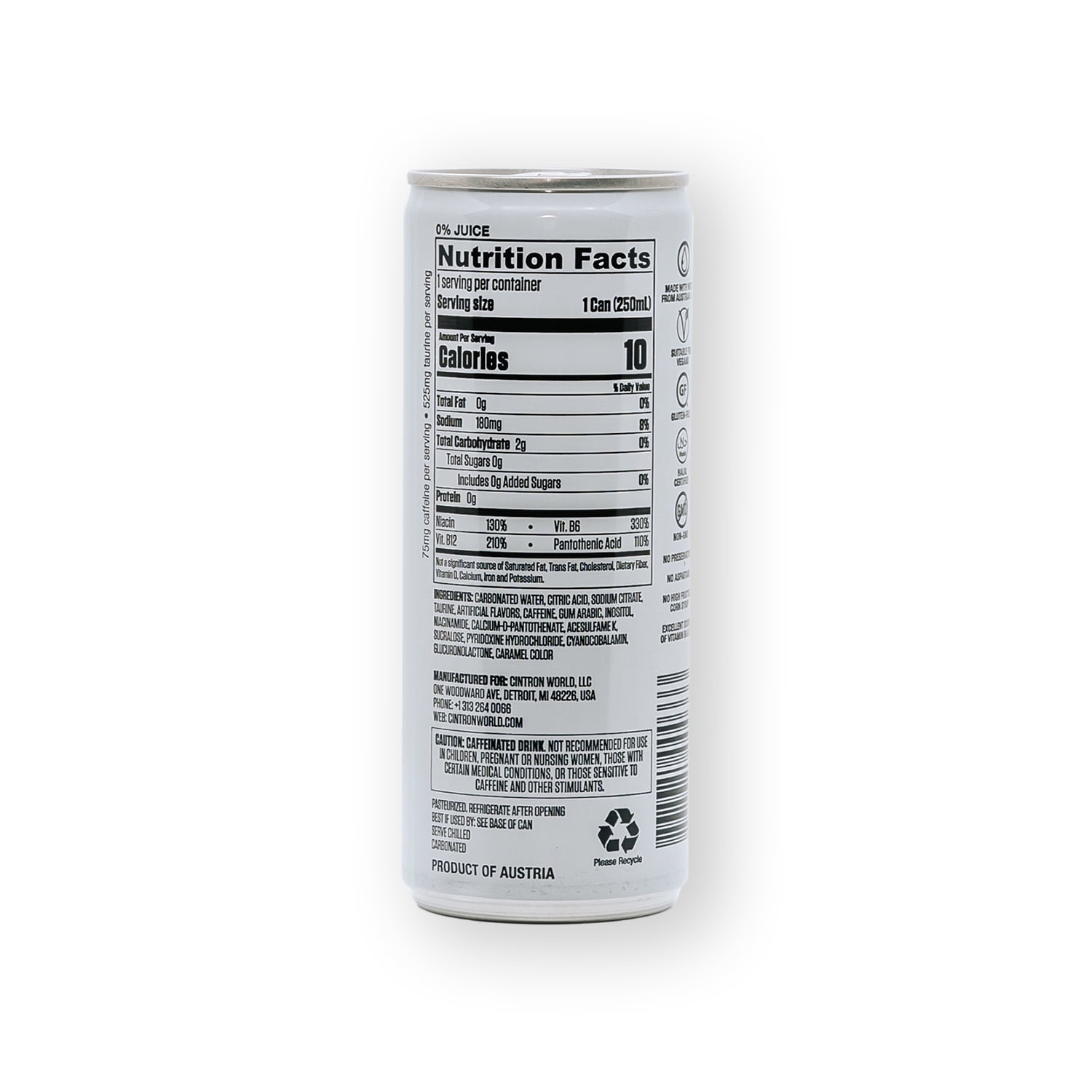 Cintron Sparkling Sugar Free Caffeinated Energy Drink 12PK- Healthy Alternative W/ Less Calories