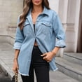 thumbnail image 6 of Jerdar Women's Oversized Denim Shirt Jacket Long Sleeve Button Down Jean Shacket with Frayed Hem for Fall Casual Daily Wear L, 6 of 8